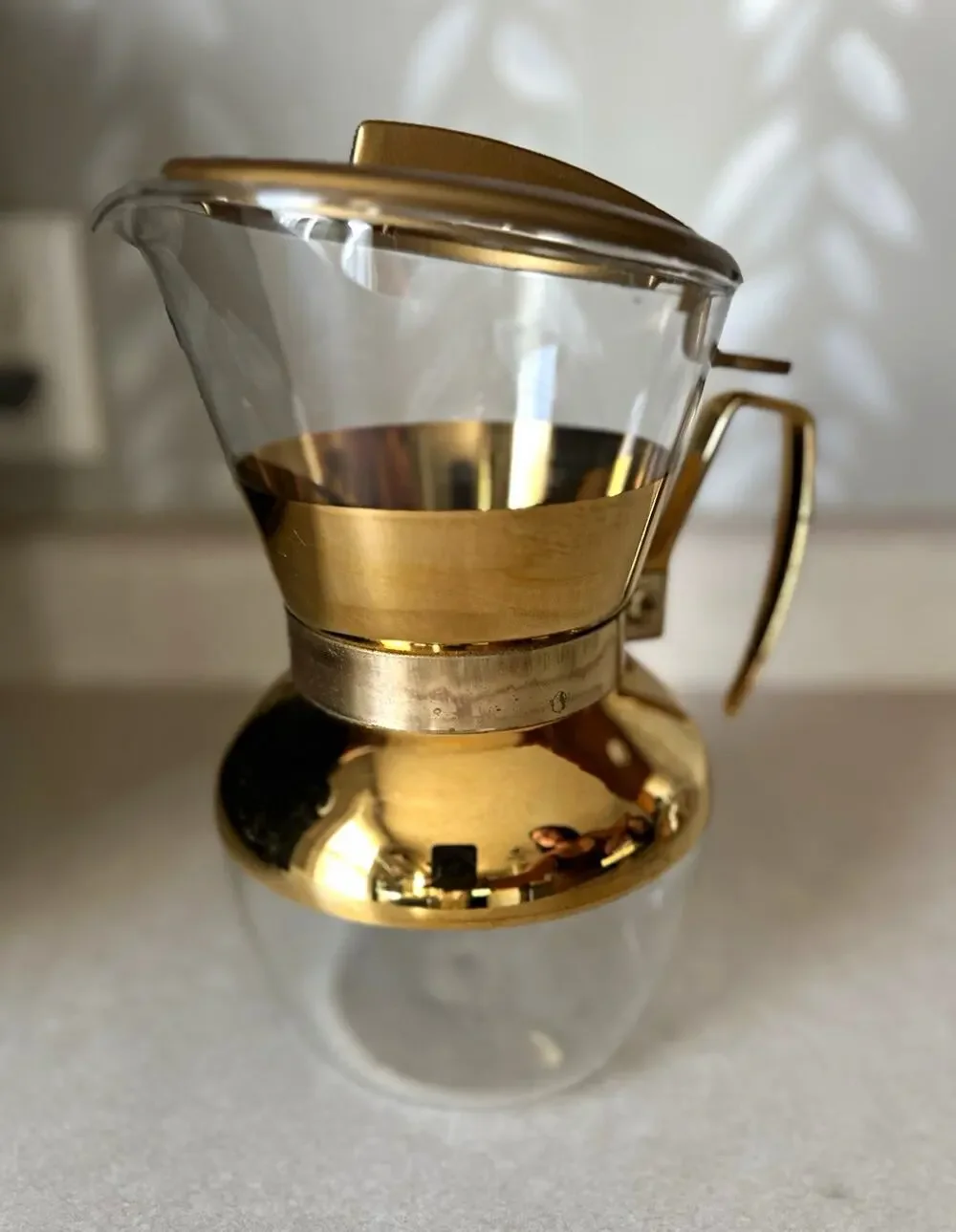Clear Glass Coffee Pot Carafe w/ Gold-Tone Metal Lid & Handle, Solid